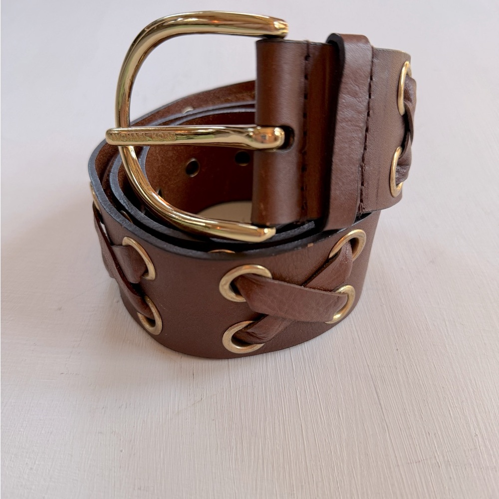 MICHAEL KORS Genuine Leather Wide 2” Brown Belt Gold Tone Buckle Women MEDIUM